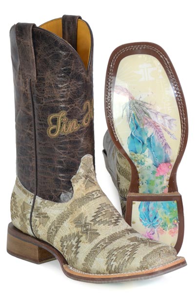 Women's Tin Haul Sign Of The Sun Boots with Desert Floral Sole Handcrafted Brown