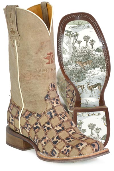Women's Tin Haul Cheetah Chick Boots with Cheetah Sole Handcrafted Brown
