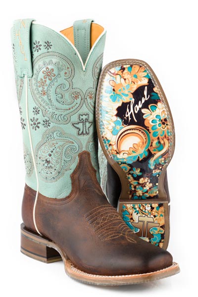 Women's Tin Haul Yee Haw Two Boots with Paisley Cow Sole Handcrafted Brown