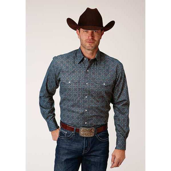 Men's Roper Redwood Medallion Snap Front Western Shirt - Gray - yeehawcowboy
