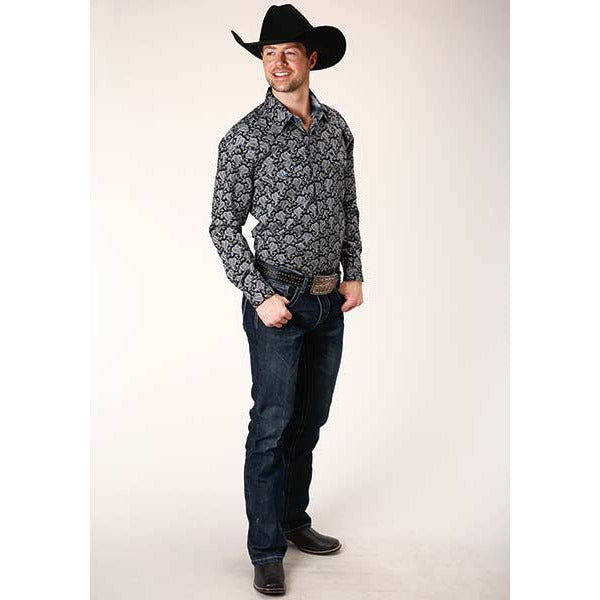 Men's Roper Starry Night Paisley Snap Front Western Shirt - Black - yeehawcowboy