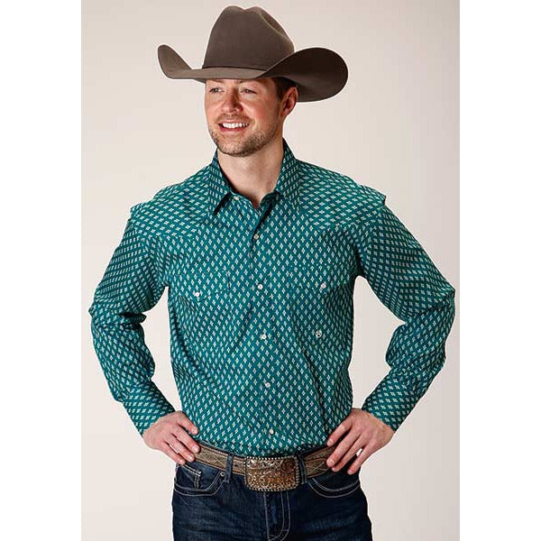 Men's Roper Point Diamonds Snap Front Western Shirt - Teal - yeehawcowboy