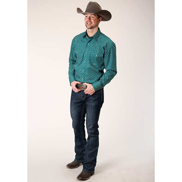 Men's Roper Point Diamonds Snap Front Western Shirt - Teal - yeehawcowboy