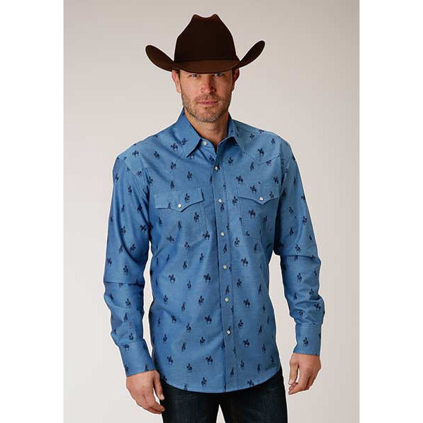Men's Roper Horseman Oxford Snap Front Western Shirt - Blue - yeehawcowboy