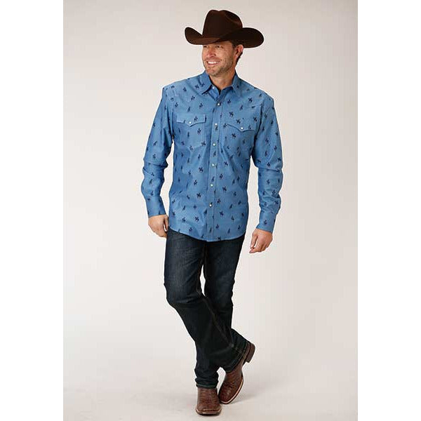 Men's Roper Horseman Oxford Snap Front Western Shirt - Blue - yeehawcowboy