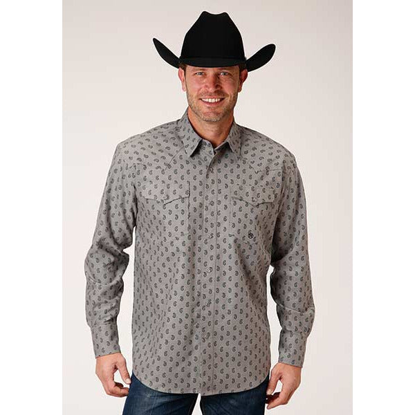 Men's Roper Paisley Oxford Snap Front Western Shirt - Gray - yeehawcowboy