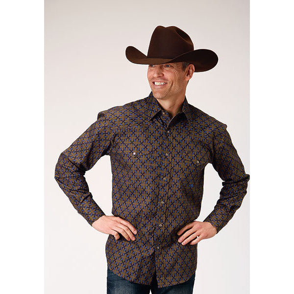 Men's Roper Diamond Medallion Snap Front Western Shirt - Brown - yeehawcowboy