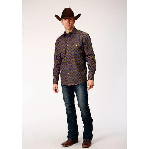 Men's Roper Diamond Medallion Snap Front Western Shirt - Brown - yeehawcowboy