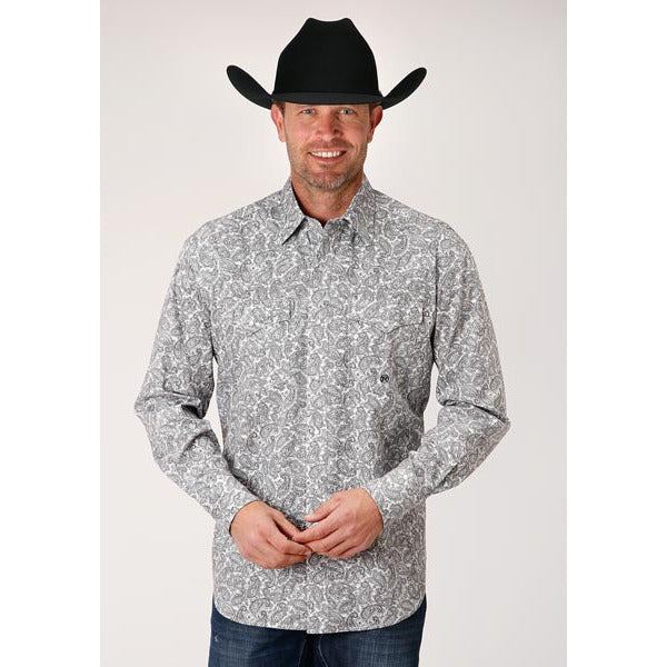 Men's Roper Line Paisley Snap Front Western Shirt - White - yeehawcowboy