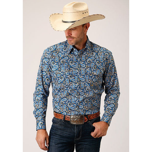 Men's Roper Amarillo Paisley Snap Front Western Shirt - Blue - yeehawcowboy