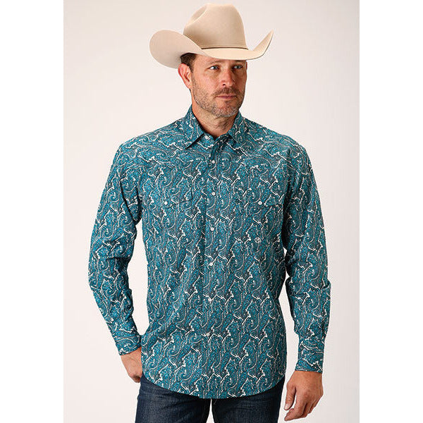 Men's Roper Upstream Paisley Snap Front Western Shirt - Blue - yeehawcowboy