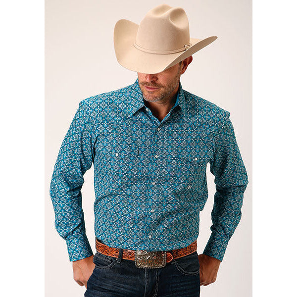 Men's Roper Victorian Foulard Snap Front Western Shirt - Blue - yeehawcowboy