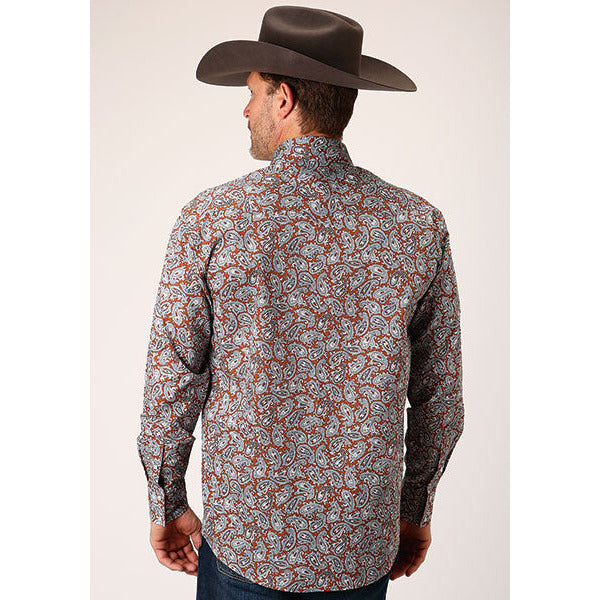 Men's Roper Copper Spring Paisley Snap Front Western Shirt - Orange - yeehawcowboy
