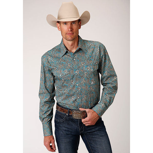 Men's Roper Saddle Paisley Snap Front Western Shirt - Blue - yeehawcowboy