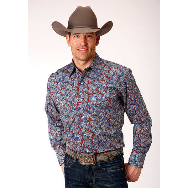 Men's Roper Liberty Paisley Snap Front Western Shirt - Wine - yeehawcowboy