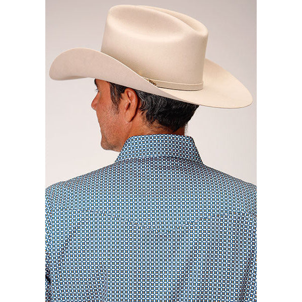 Men's Roper Blue Geo Snap Front Western Shirt - Blue - yeehawcowboy