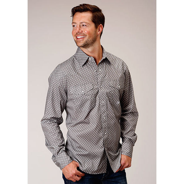 Men's Roper Stretch Poplin Diamond Snap Front Western Shirt - Gray - yeehawcowboy