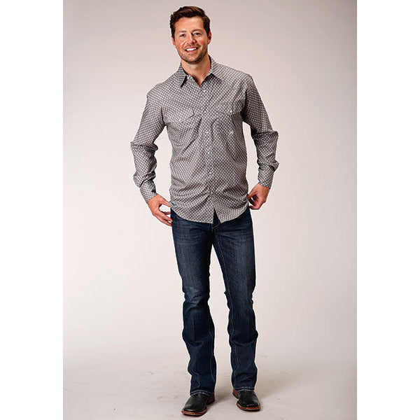 Men's Roper Stretch Poplin Diamond Snap Front Western Shirt - Gray - yeehawcowboy