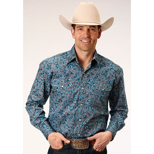 Men's Roper Blue Canyon Paisley Snap Front Western Shirt - Blue - yeehawcowboy