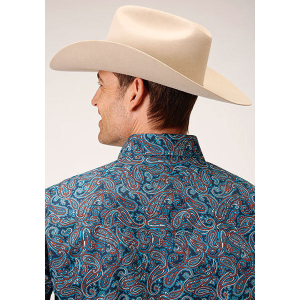 Men's Roper Blue Canyon Paisley Snap Front Western Shirt - Blue - yeehawcowboy