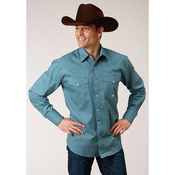 Men's Roper Azure Neat Snap Front Western Shirt - Blue - yeehawcowboy