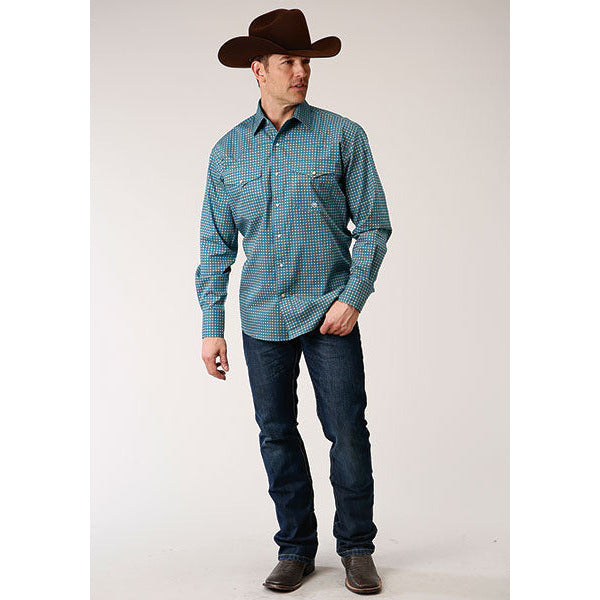 Men's Roper Azure Neat Snap Front Western Shirt - Blue - yeehawcowboy