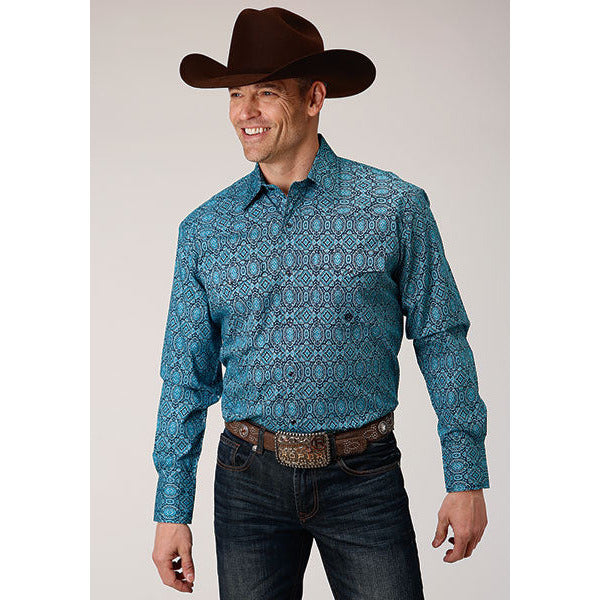 Men's Roper Medallion Paisley Snap Front Western Shirt - Blue - yeehawcowboy