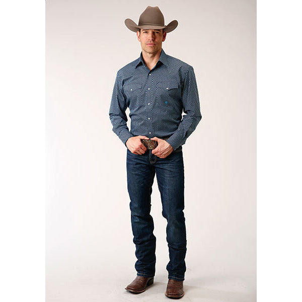 Men's Roper Diamond Neat Snap Front Western Shirt - Navy - yeehawcowboy