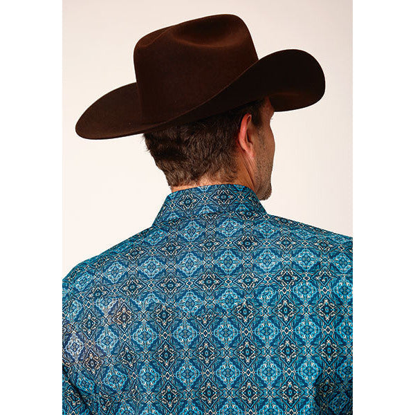 Men's Roper Gothic Medallion Snap Front Western Shirt - Blue - yeehawcowboy