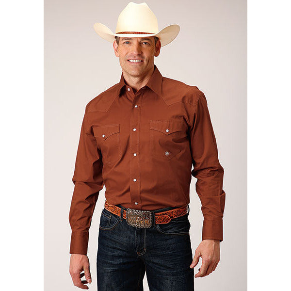 Men's Roper Solid Poplin Stretch Snap Front Western Shirt - Orange - yeehawcowboy
