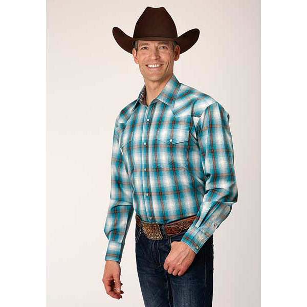 Men's Roper Teal Ombre Snap Front Western Shirt - Blue - yeehawcowboy