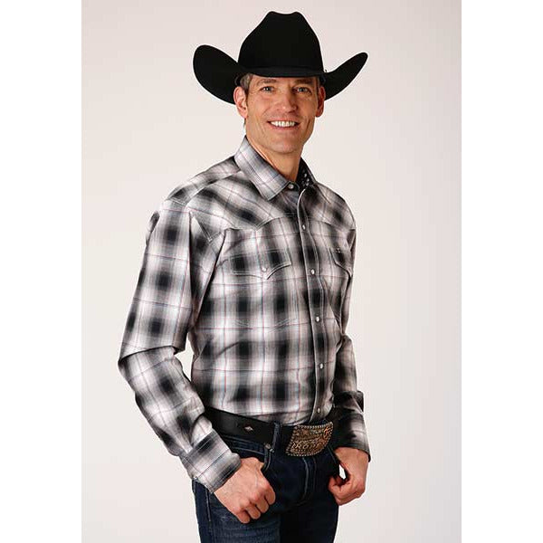 Men's Roper Black Hills Plaid Snap Front Western Shirt - Black - yeehawcowboy
