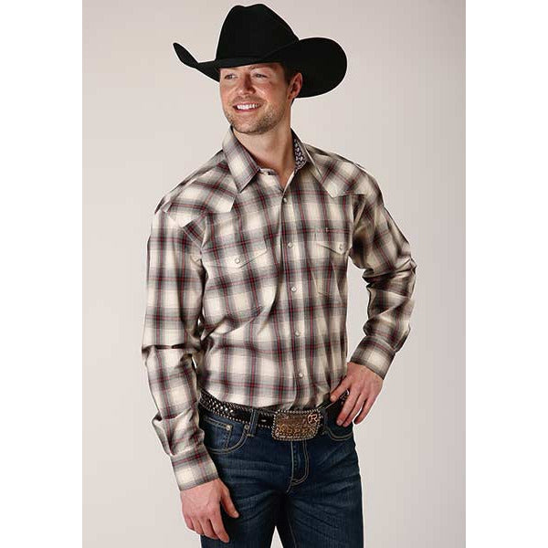 Men's Roper Smoke House Ombre Plaid Snap Front Western Shirt - Gray - yeehawcowboy