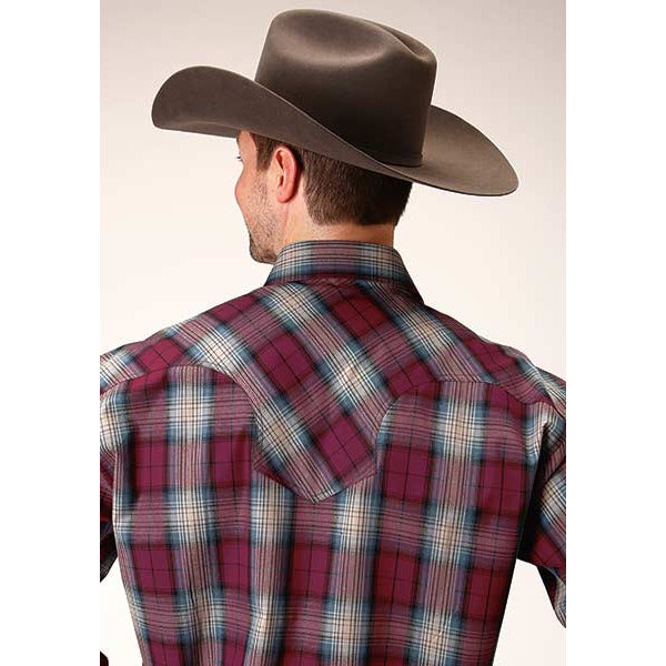 Men's Roper Wine Plaid Snap Front Western Shirt - Wine - yeehawcowboy
