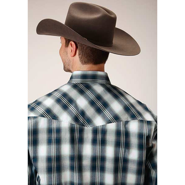 Men's Roper Blue West Plaid Snap Front Western Shirt - Blue - yeehawcowboy