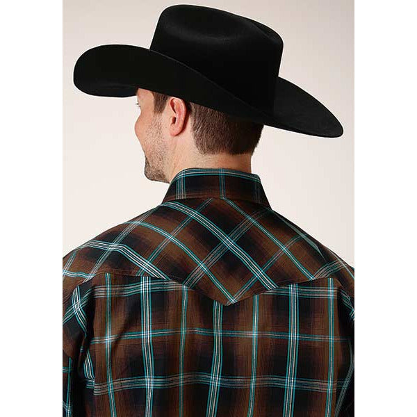 Men's Roper Dark Chocolate Plaid Snap Front Western Shirt - Brown - yeehawcowboy