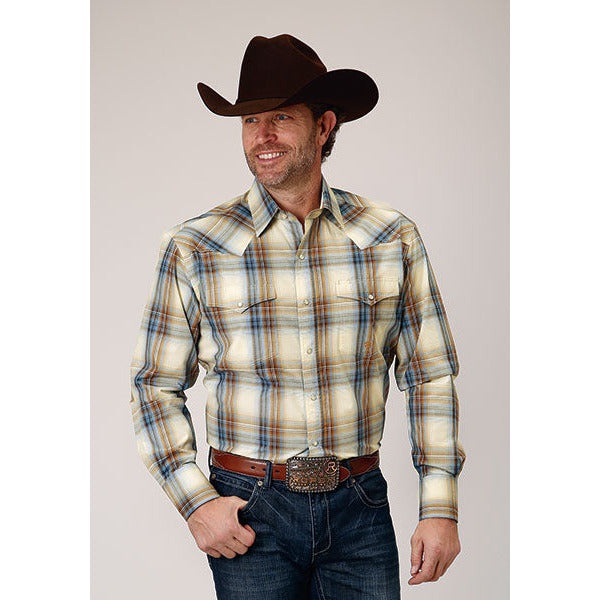 Men's Roper Desert Blue Plaid Snap Front Western Shirt - Blue - yeehawcowboy