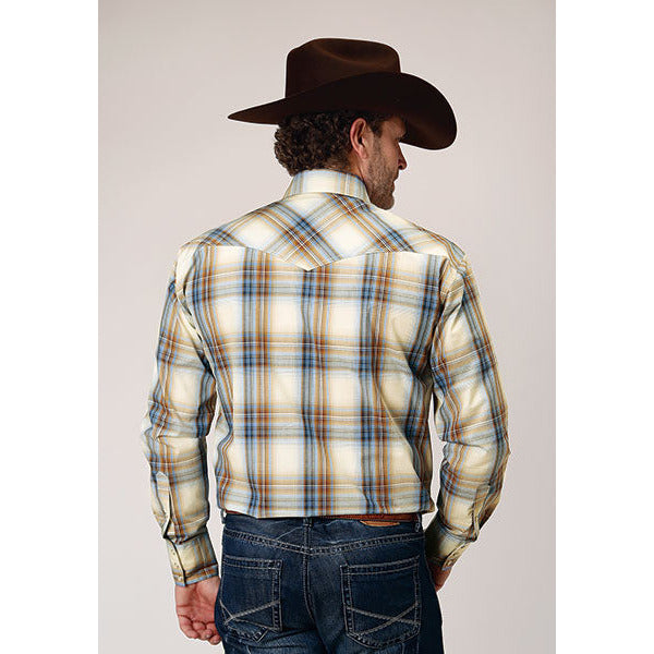 Men's Roper Desert Blue Plaid Snap Front Western Shirt - Blue - yeehawcowboy