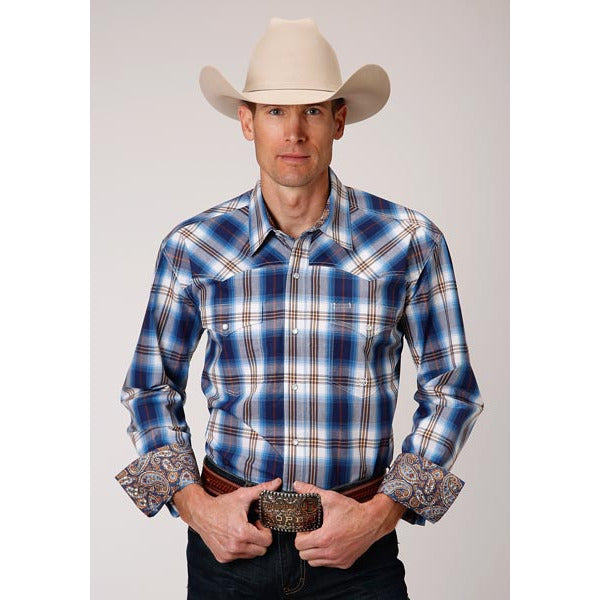 Men's Roper Royal Plaid Snap Front Western Shirt - Blue - yeehawcowboy