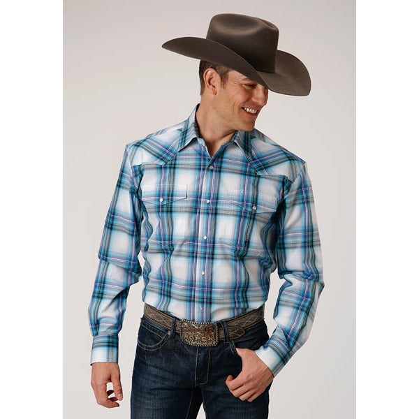 Men's Roper Clear Sky Plaid Snap Front Western Shirt - Green - yeehawcowboy