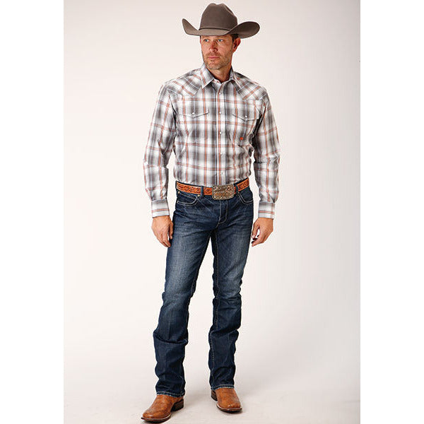 Men's Roper Smokey Plaid Snap Front Western Shirt - Gray - yeehawcowboy