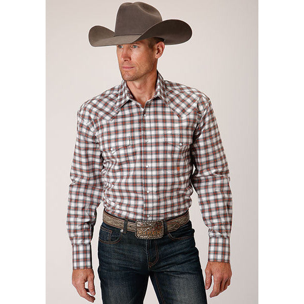 Men's Roper Stretch Check Snap Front Western Shirt - Gray - yeehawcowboy