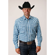 Men's Roper Stretch Check Snap Front Western Shirt - Blue - yeehawcowboy