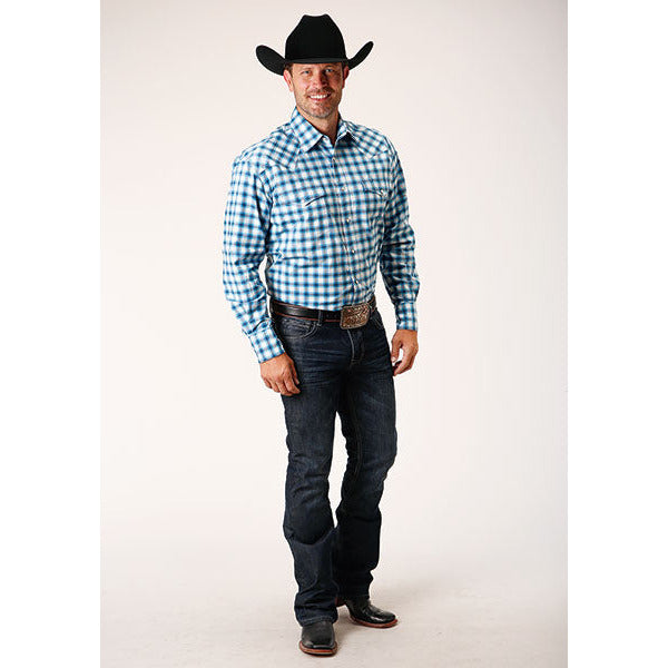 Men's Roper Stretch Check Snap Front Western Shirt - Blue - yeehawcowboy