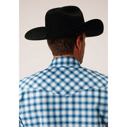 Men's Roper Stretch Check Snap Front Western Shirt - Blue - yeehawcowboy