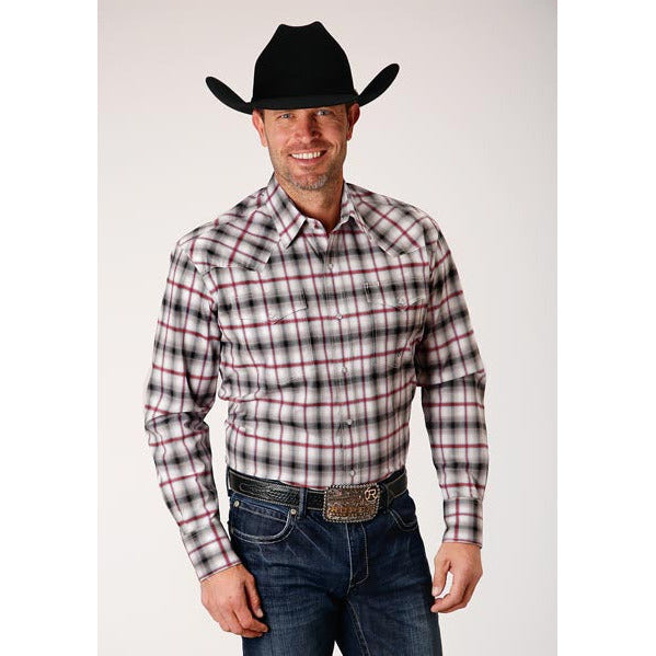 Men's Roper Classic Ombre Stretch Plaid Snap Front Western Shirt - Black - yeehawcowboy