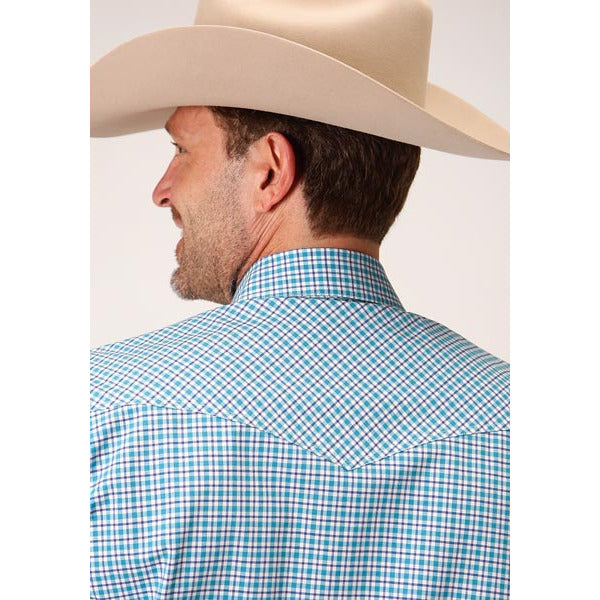 Men's Roper Stretch Check Snap Front Western Shirt - Blue - yeehawcowboy