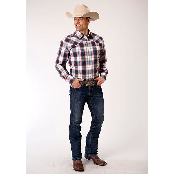 Men's Roper Liberty Plaid Snap Front Western Shirt - Blue - yeehawcowboy