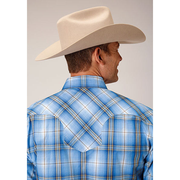 Men's Roper Cornflower Plaid Snap Front Western Shirt - Blue - yeehawcowboy