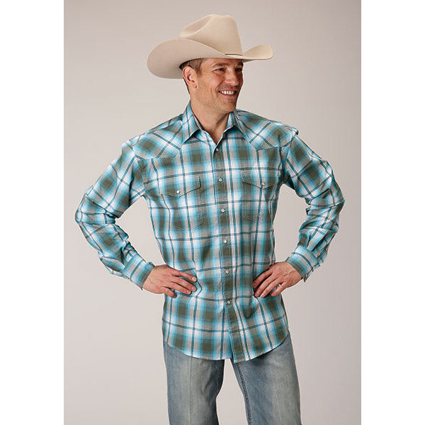 Men's Roper Meadow Plaid Snap Front Western Shirt - Green - yeehawcowboy